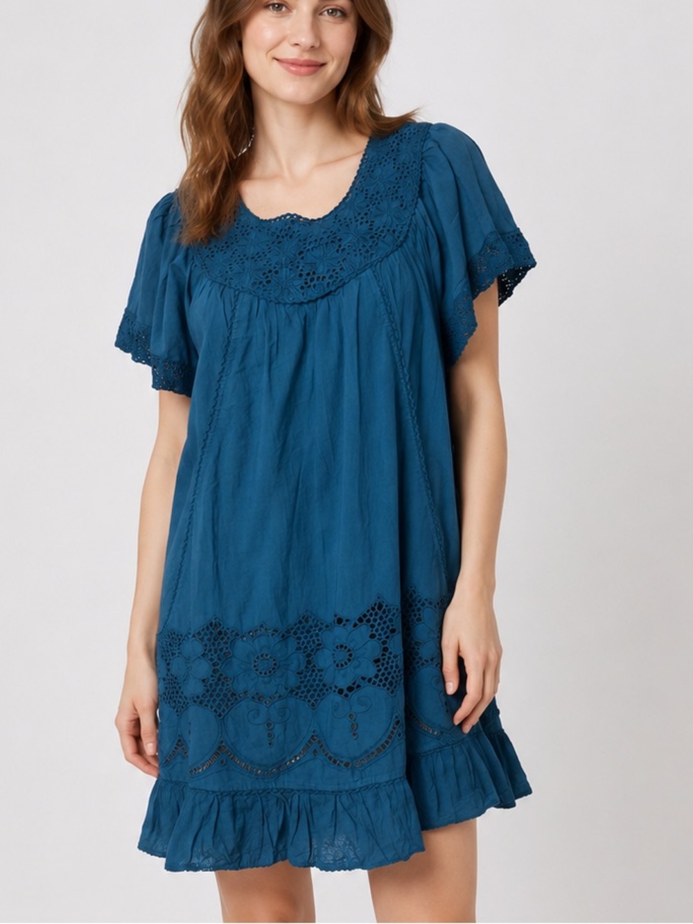 Kanishka Embroidered Crochet Boho Dress Small 100% Cotton Teal Blue Short Summer
